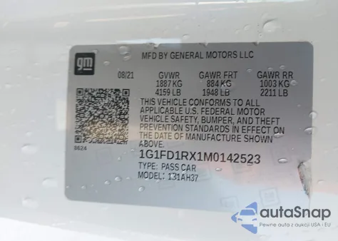 2021 Chevrolet Camaro Rwd 2Lt из США, поврежденный, VIN 1G1FD1RX1M0142523